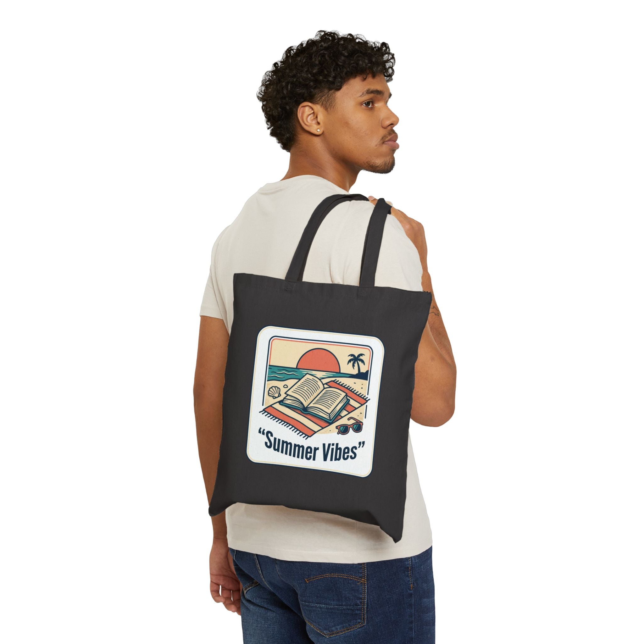 Sunny Beach Reads Tote, summer aesthetic coastal vibes, hand-drawn pastel canvas