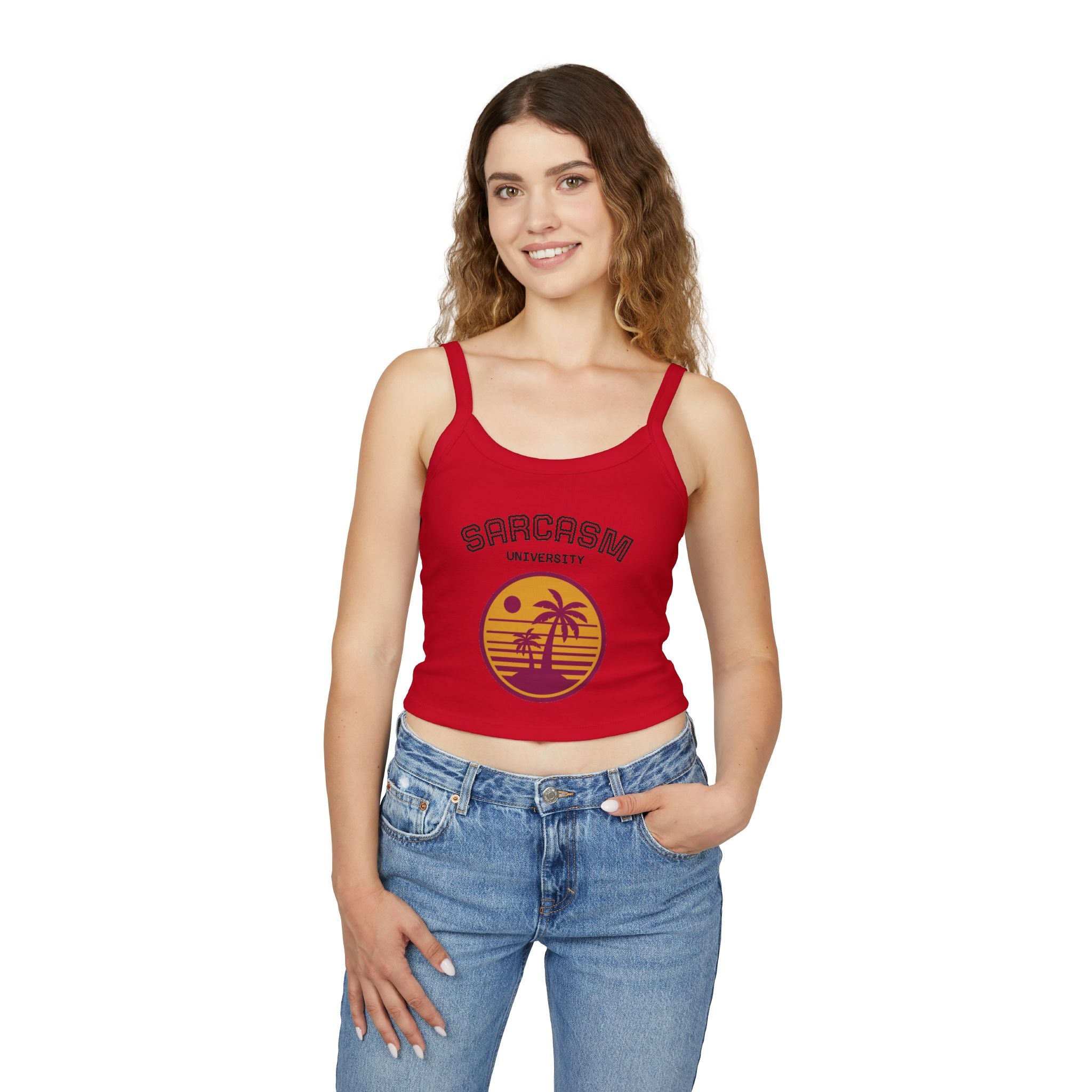 Sarcasm University Crop Tank Top — Retro Palm Beach Graphic Spaghetti Strap