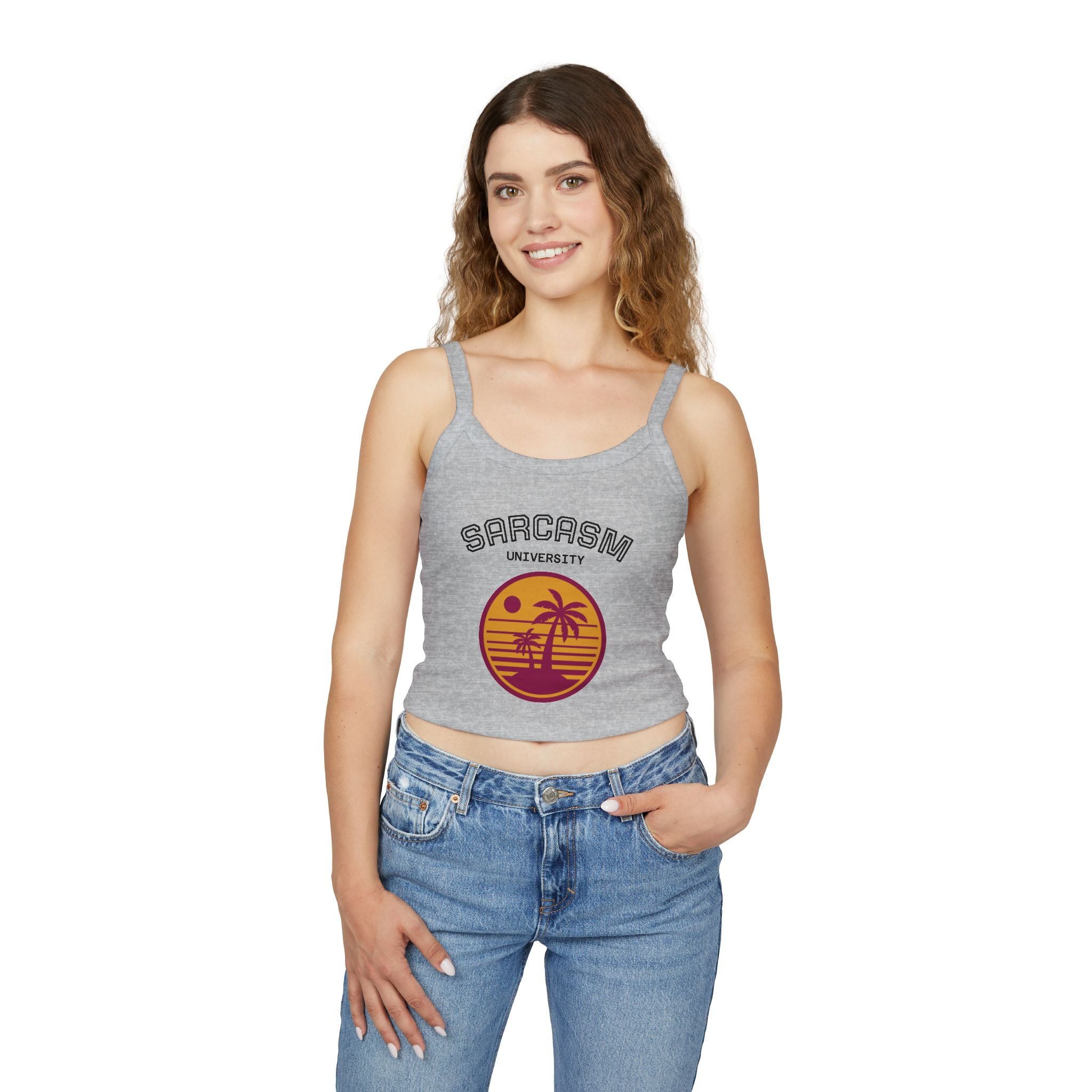 Sarcasm University Crop Tank Top — Retro Palm Beach Graphic Spaghetti Strap