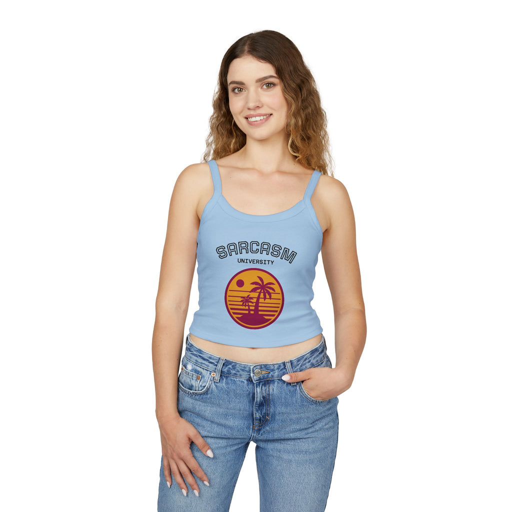 Sarcasm University Crop Tank Top — Retro Palm Beach Graphic Spaghetti Strap