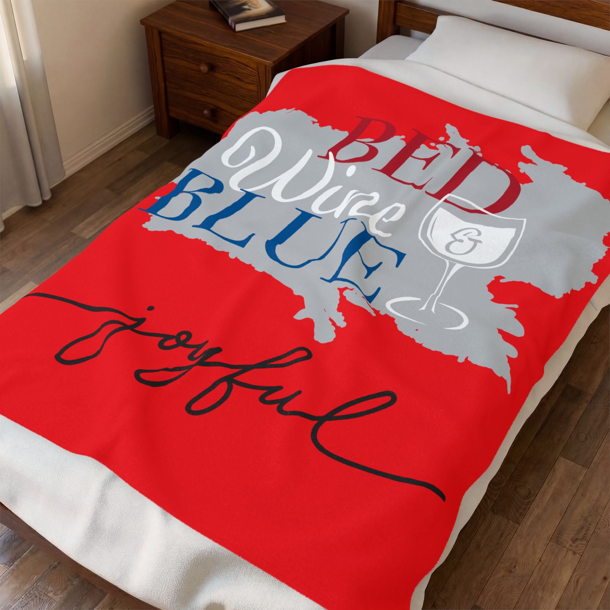 Plush Blanket — "Red, White & Blue: Bed, Wine & Joyful" Soft Velveteen Throw