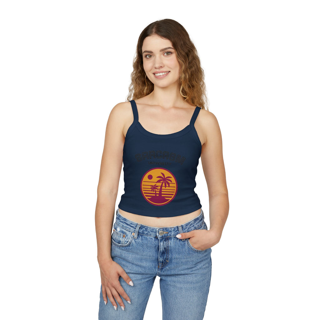 Sarcasm University Crop Tank Top — Retro Palm Beach Graphic Spaghetti Strap