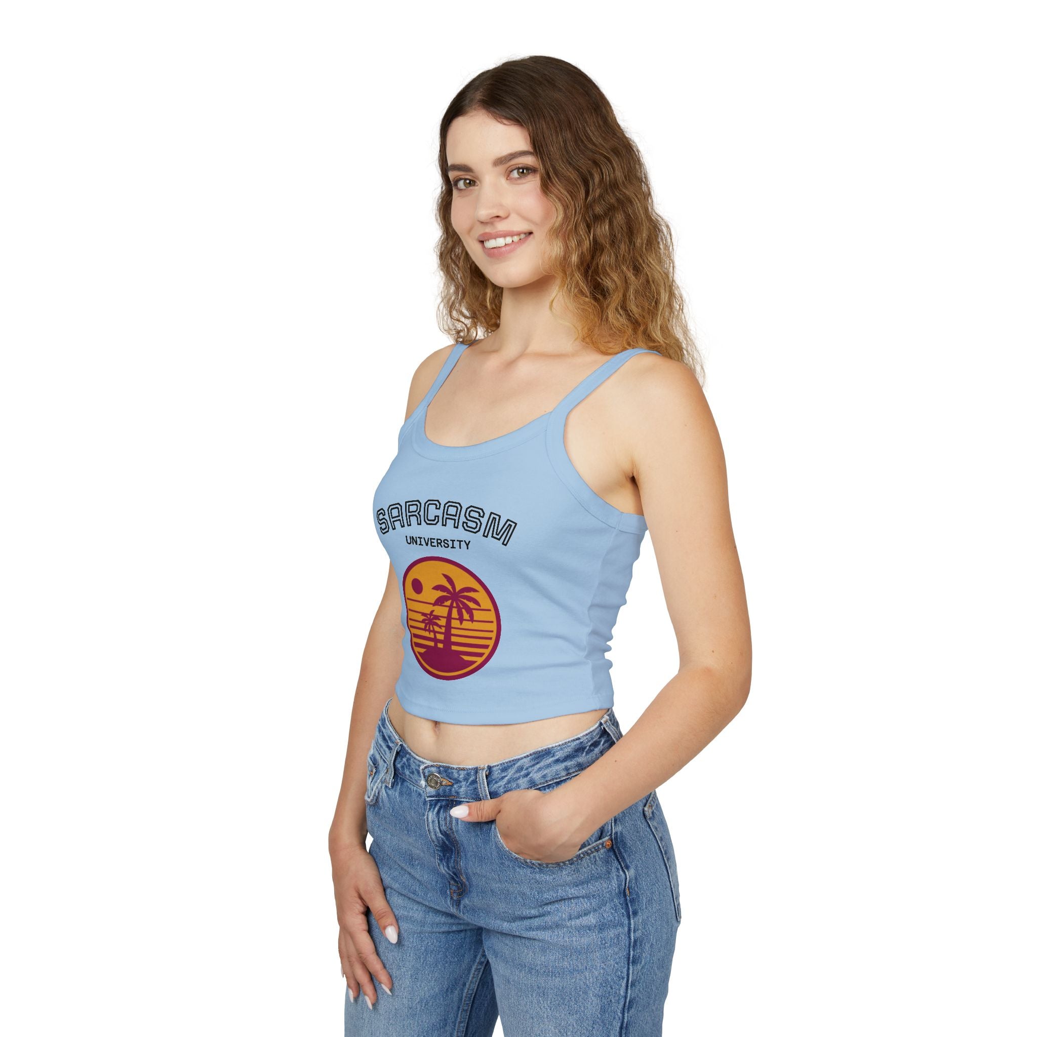 Sarcasm University Crop Tank Top — Retro Palm Beach Graphic Spaghetti Strap