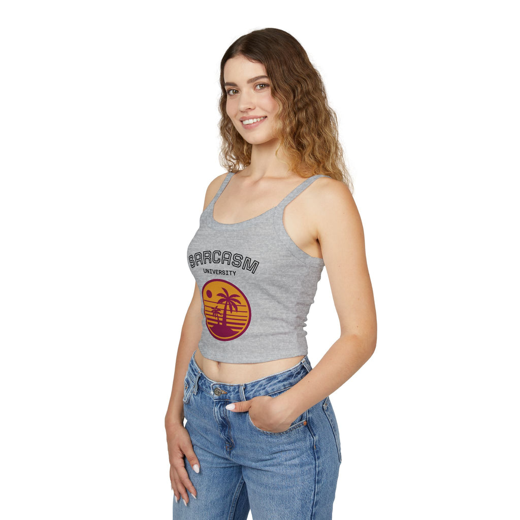 Sarcasm University Crop Tank Top — Retro Palm Beach Graphic Spaghetti Strap