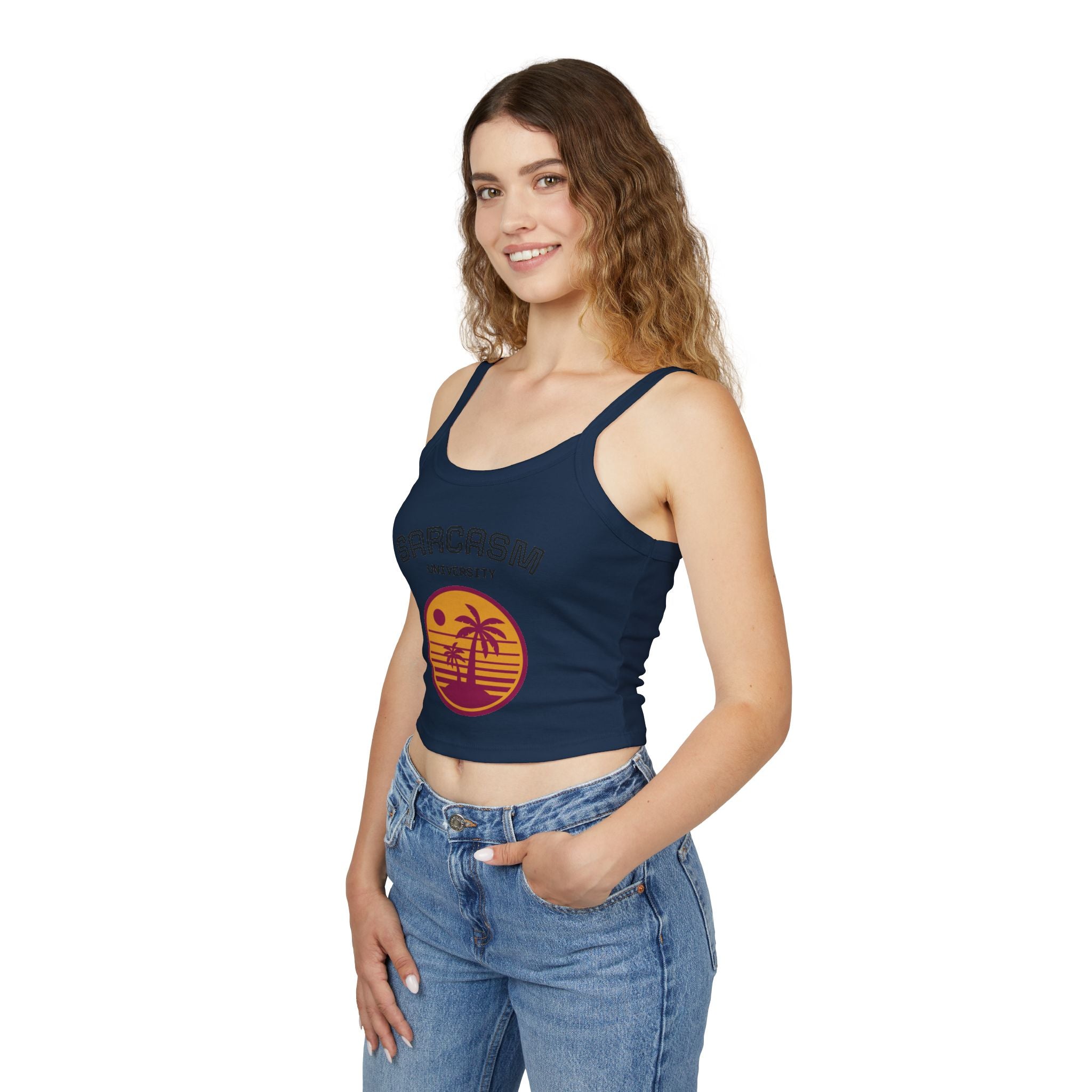 Sarcasm University Crop Tank Top — Retro Palm Beach Graphic Spaghetti Strap