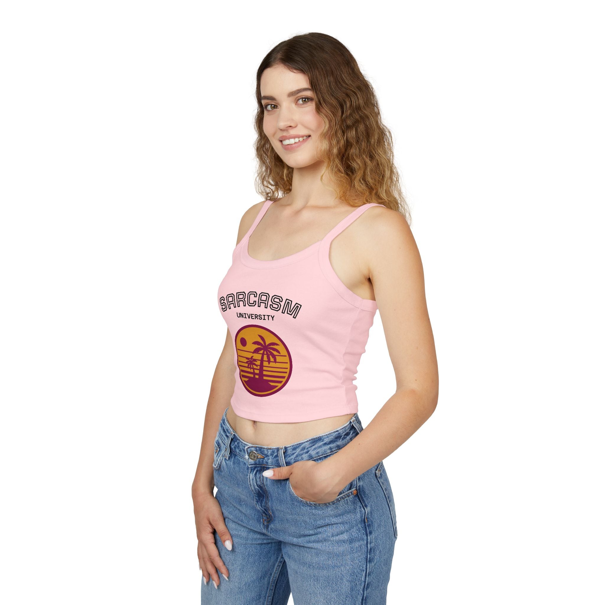 Sarcasm University Crop Tank Top — Retro Palm Beach Graphic Spaghetti Strap
