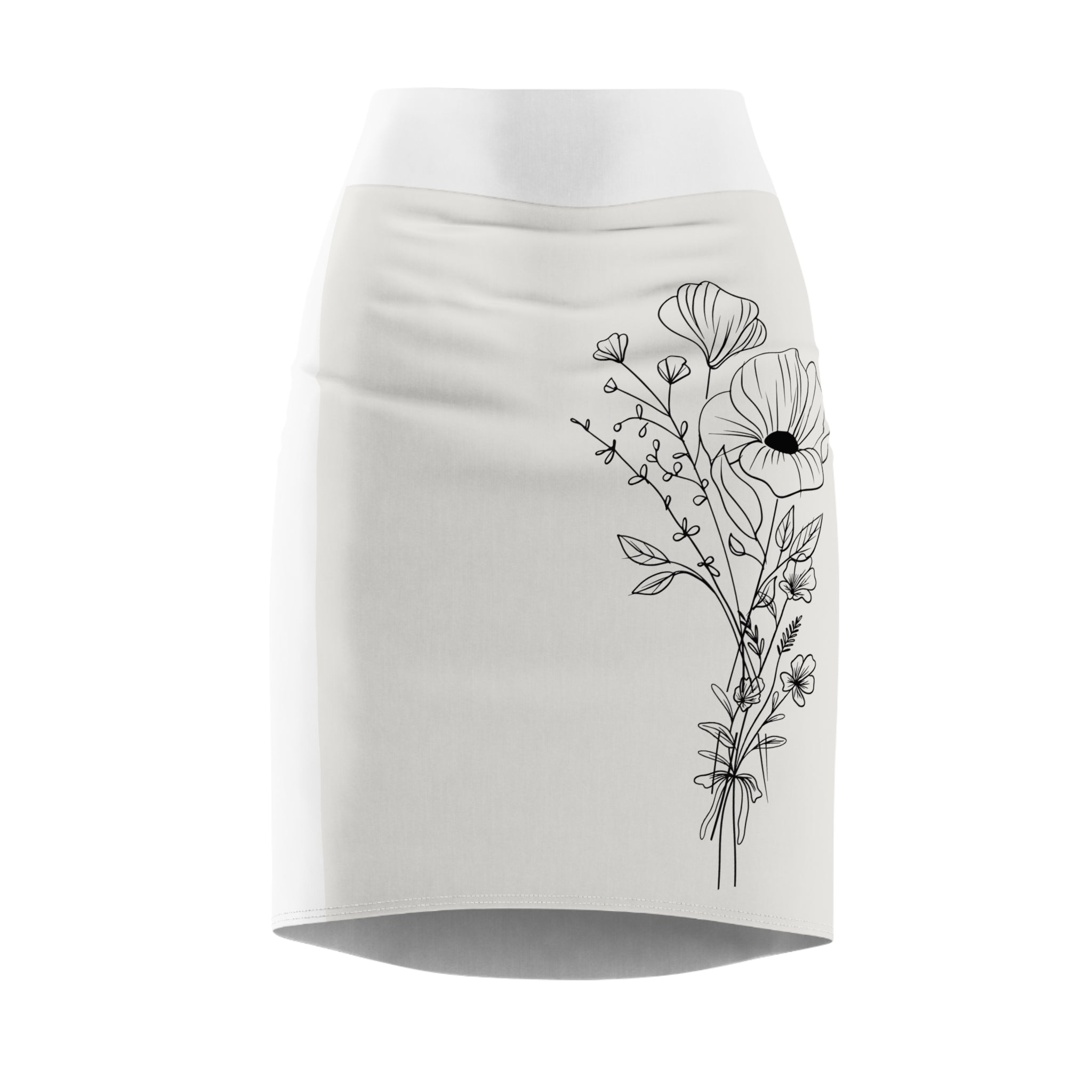 Floral Pencil Skirt – Minimal Black Line Wildflower Print