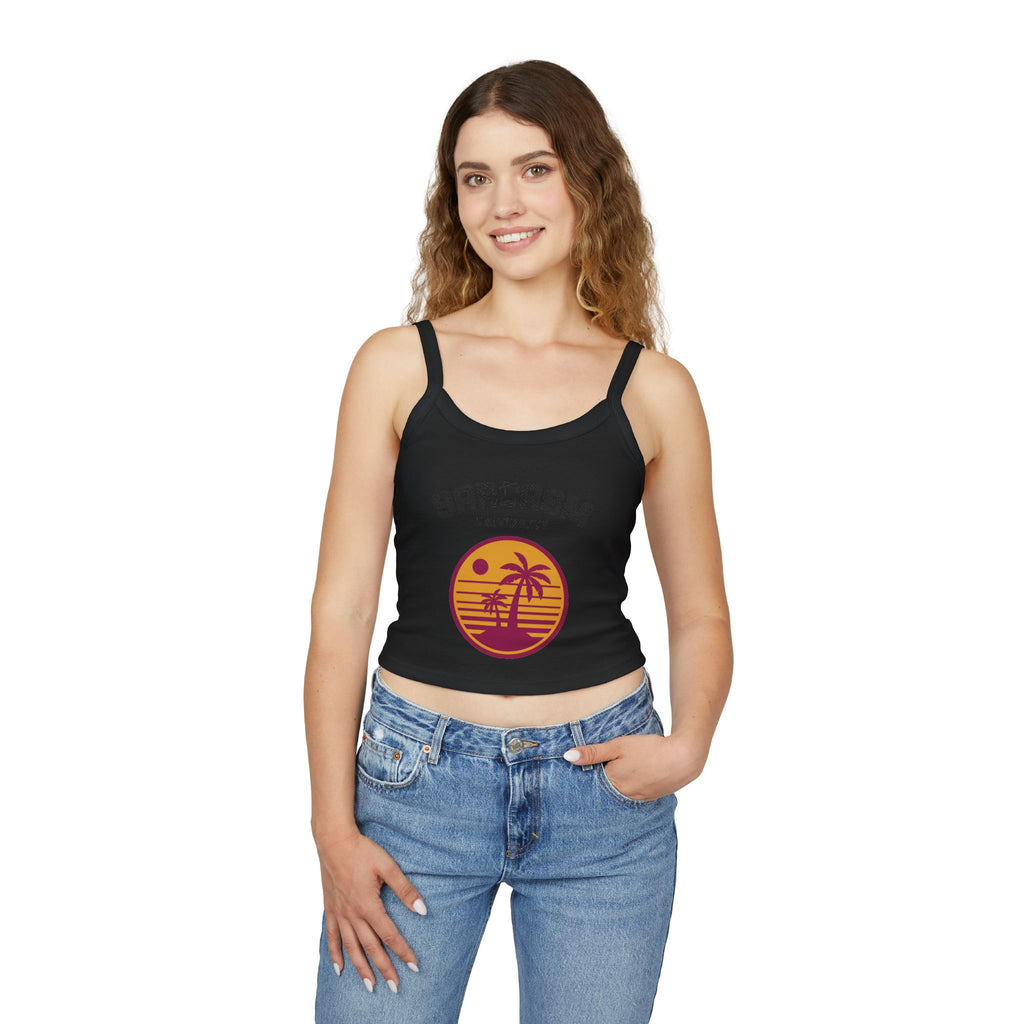 Sarcasm University Crop Tank Top — Retro Palm Beach Graphic Spaghetti Strap