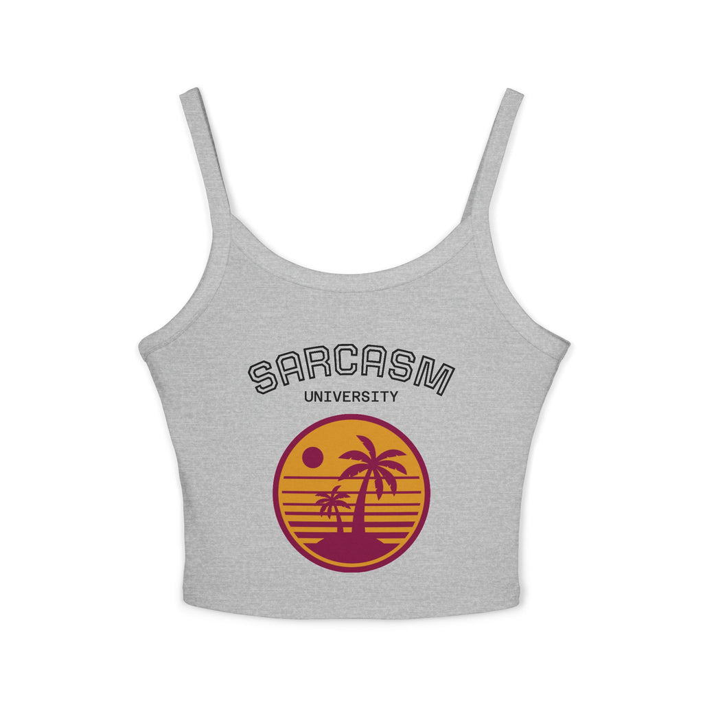 Sarcasm University Crop Tank Top — Retro Palm Beach Graphic Spaghetti Strap