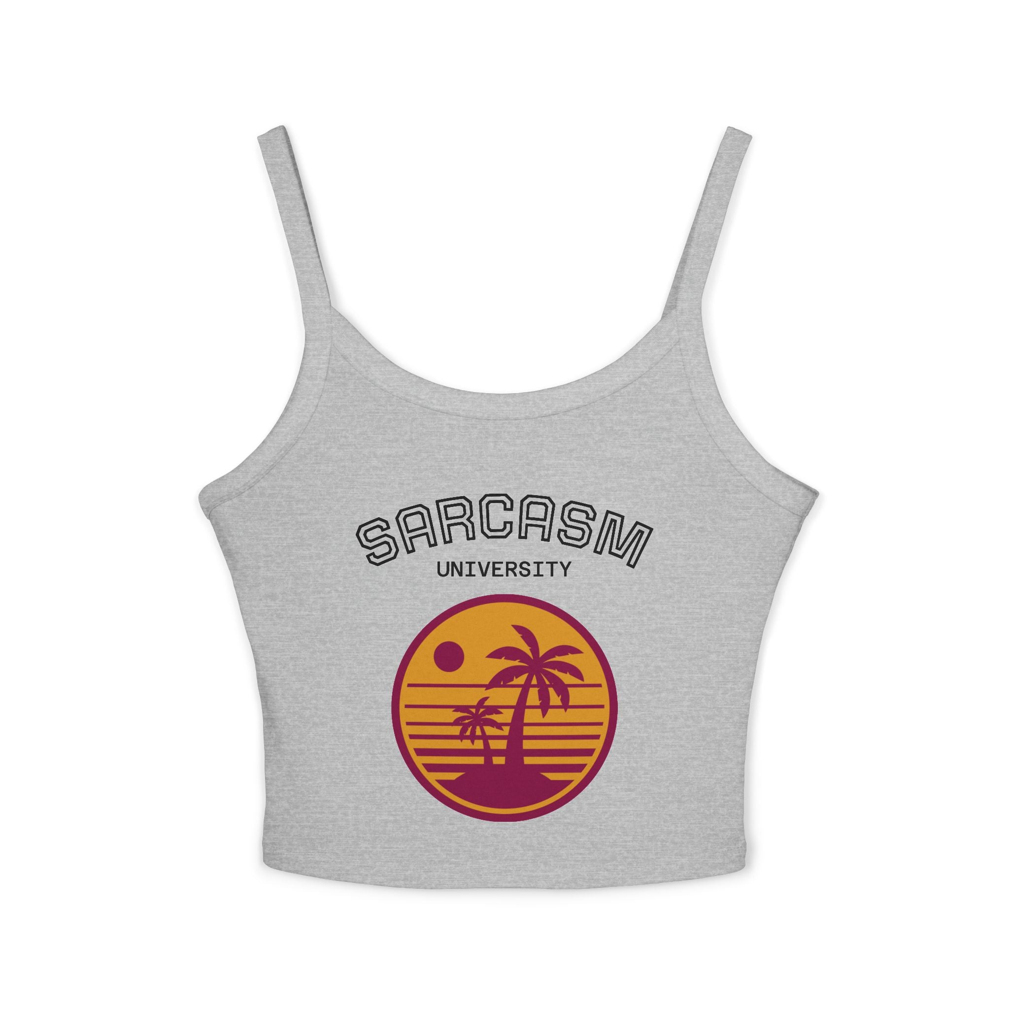 Sarcasm University Crop Tank Top — Retro Palm Beach Graphic Spaghetti Strap