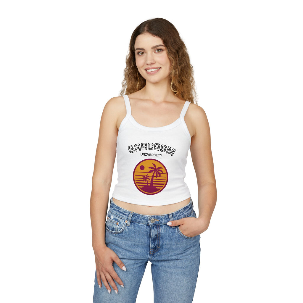 Sarcasm University Crop Tank Top — Retro Palm Beach Graphic Spaghetti Strap