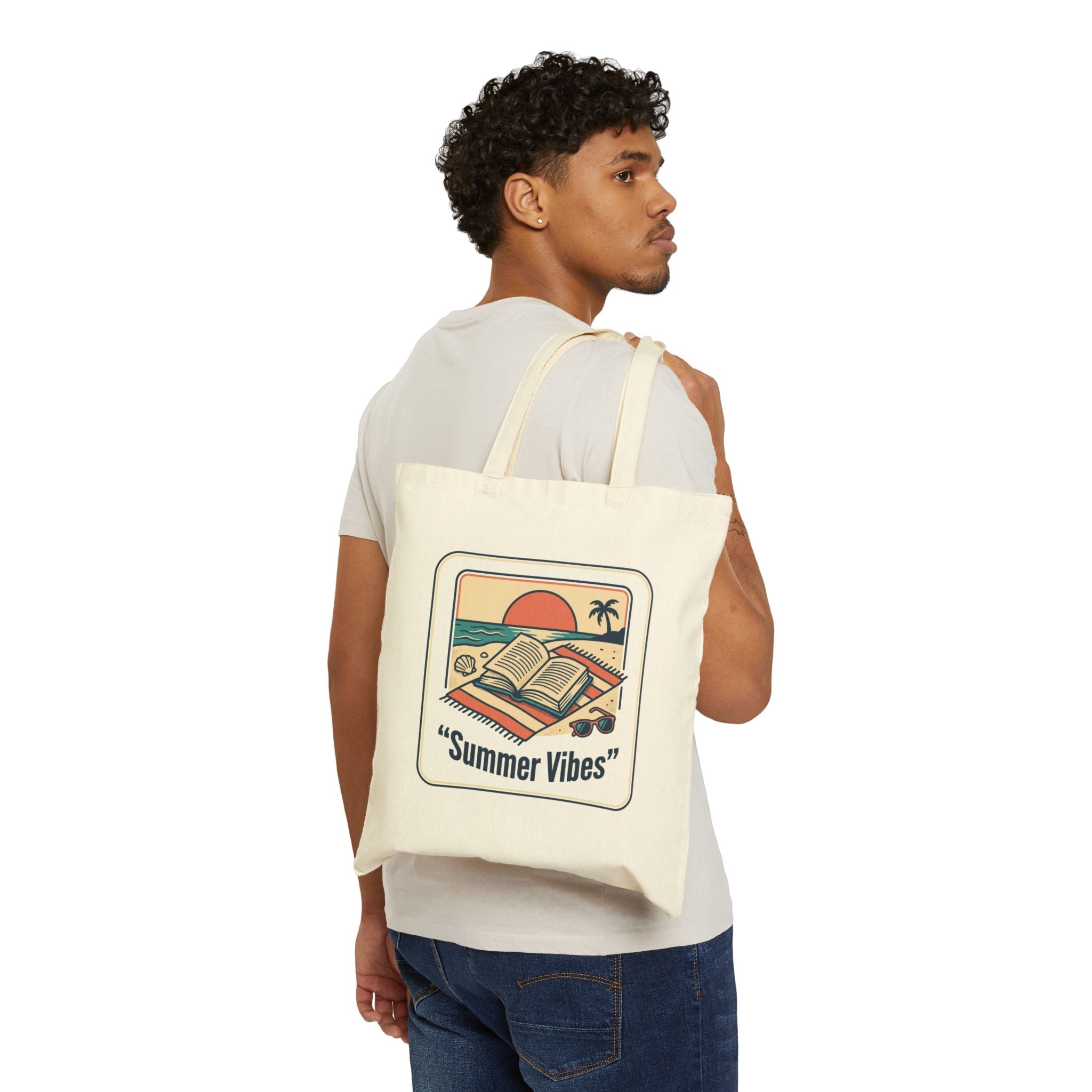 Sunny Beach Reads Tote, summer aesthetic coastal vibes, hand-drawn pastel canvas