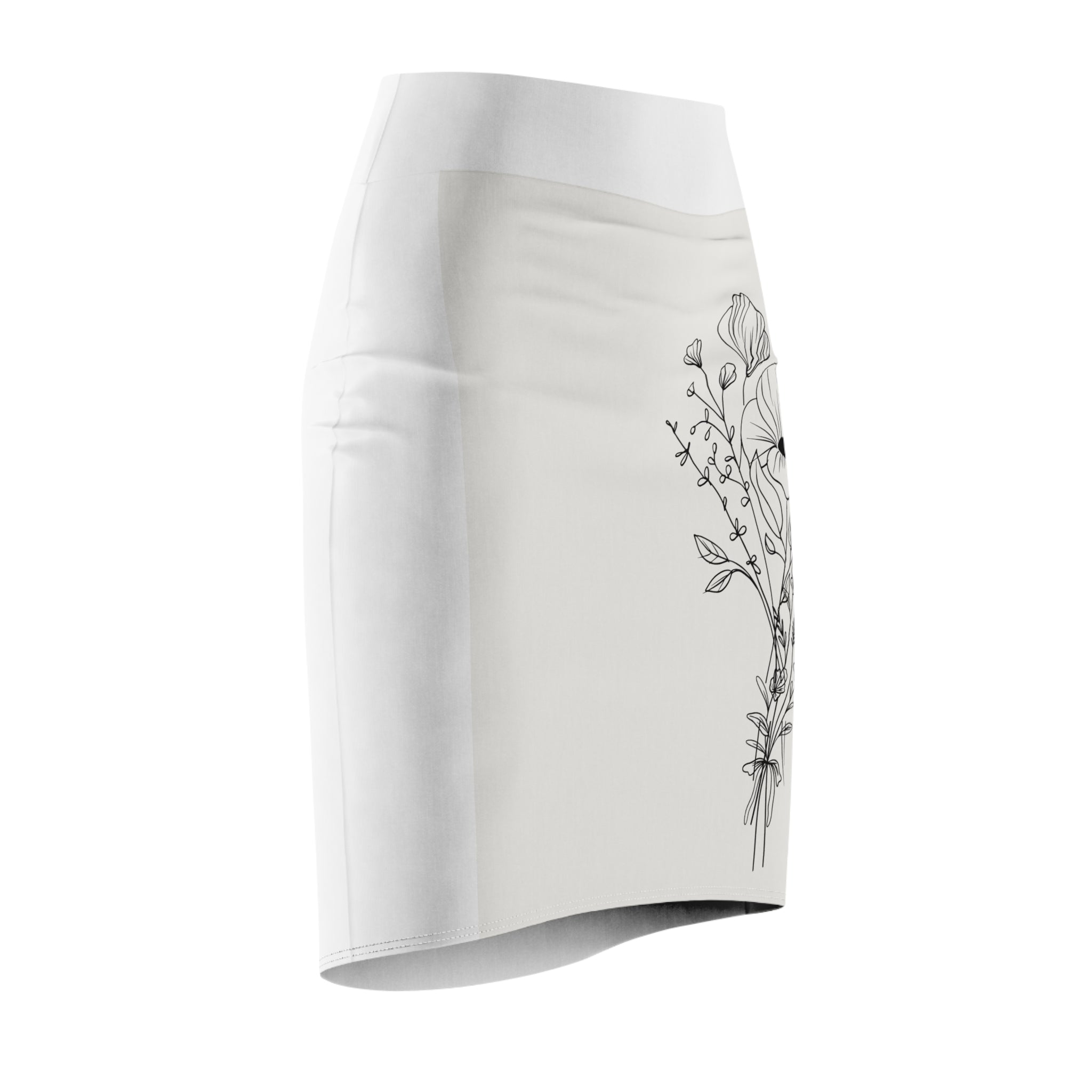Floral Pencil Skirt – Minimal Black Line Wildflower Print